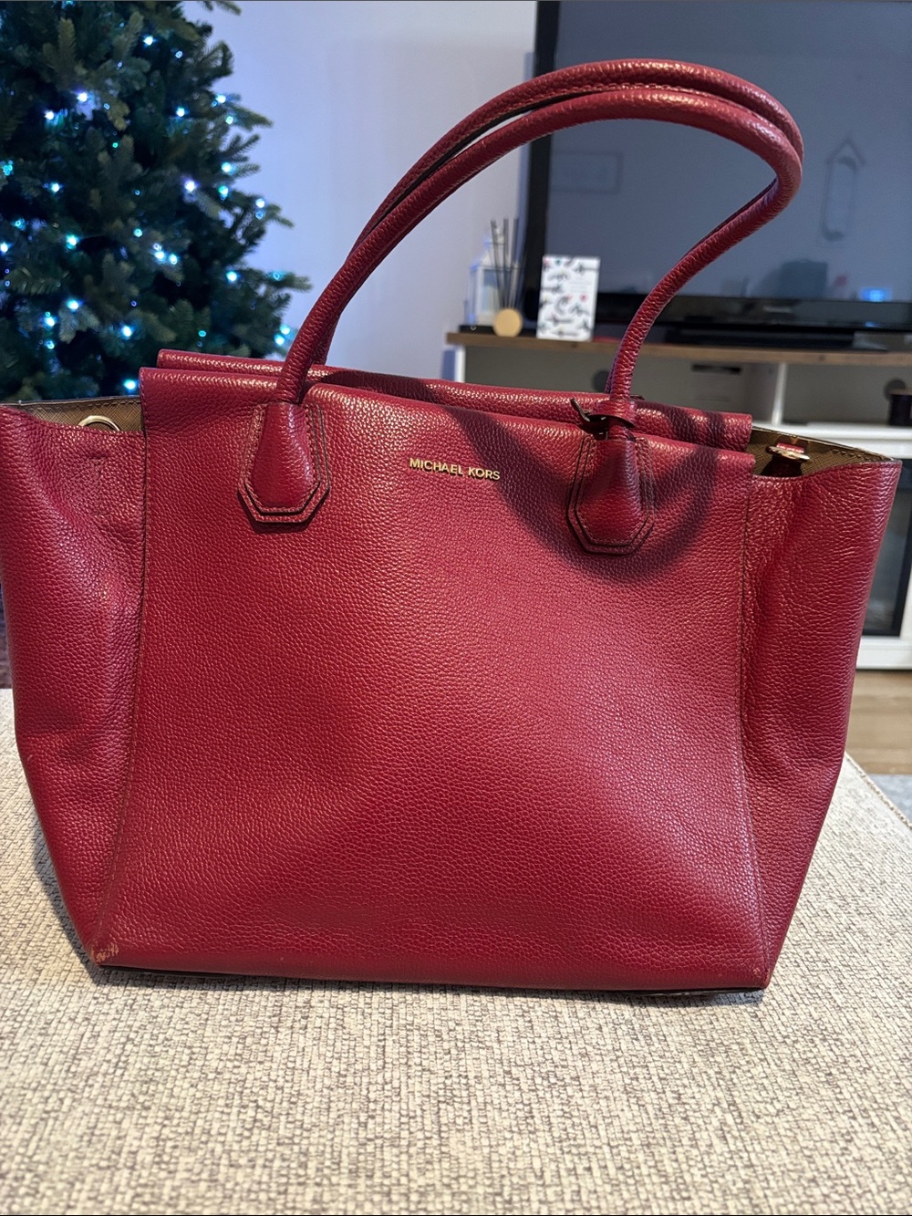 Michael Kors Burgundy Pebbled Leather Tote with Gold Logo